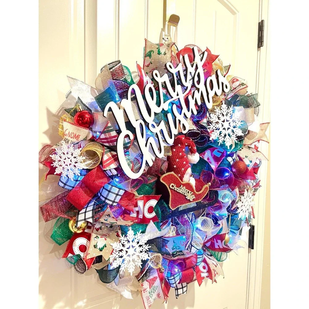Handmade Christmas Gnome in Sleigh Holiday Ribbon Door Wreath 26 ins LED XLW2